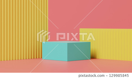3d render, minimal pastel podium with cube block on pink and yellow background 3d render, minimal pastel podium with cube block on pink and yellow background 129985845