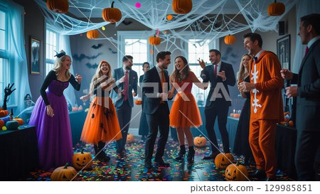 People having a Halloween party 129985851