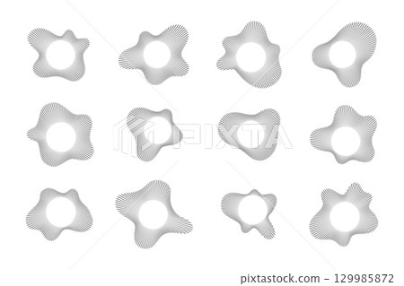 Dotted circular sound wave set with radial pattern for audio visualization and technical graphics. Abstract acoustic rings made of dots for music software, speaker branding or digital equalizer design Dotted circular sound wave set with radial pattern for audio visualization and technical graphics. Abstract acoustic rings made of dots for music software, speaker branding or digital equalizer design 129985872