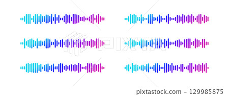 Colorful gradient podcast sound wave visualization with blue purple pink frequency bars for audio interfaces. Dynamic waveform patterns for music streaming apps, recording software or media players. 129985875
