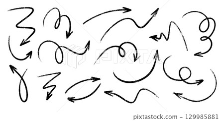 Crayon arrow set with rough texture - zigzag and looped, wavy and curved directional markers for creative design. Hand sketched black pointers on white bg for navigation, presentation or infographic. Crayon arrow set with rough texture - zigzag and looped, wavy and curved directional markers for creative design. Hand sketched black pointers on white bg for navigation, presentation or infographic. 129985881