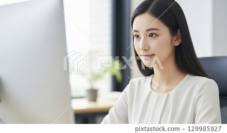 Businesswoman working on a computer in the office 129985927