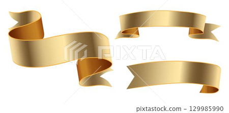 Three golden award ribbon banners for text. Empty golden ribbon collection template. Collection of various empty golden ribbons and label designs. Vector of various shapes. Three golden award ribbon banners for text. Empty golden ribbon collection template. Collection of various empty golden ribbons and label designs. Vector of various shapes. 129985990
