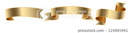 Three banners with golden award ribbons for text. Blank template of golden ribbons collection. Collection of different blank golden ribbons and label designs. Vector of different shapes. Three banners with golden award ribbons for text. Blank template of golden ribbons collection. Collection of different blank golden ribbons and label designs. Vector of different shapes. 129985991