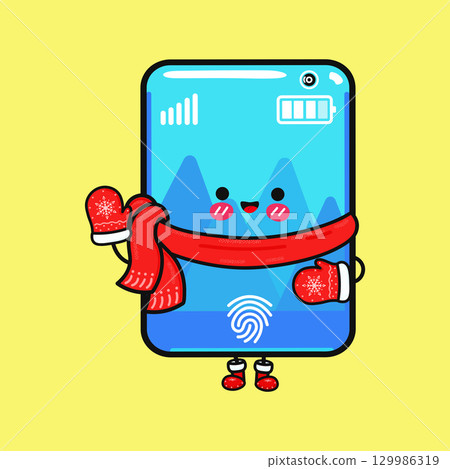A cute cartoon smartphone is ready for winter, wearing a cozy scarf and mittens. 129986319