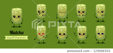 Cute matcha glass kawaii character set with emotions 129986503