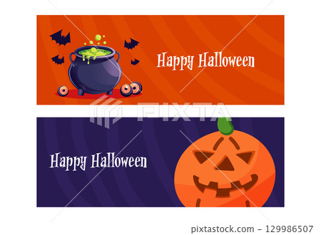 Halloween horizontal banners with pumpkin and cauldron illustrations 129986507