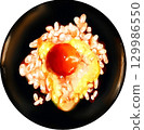 Illustration of rice with raw egg on top Japanese food breakfast 129986550