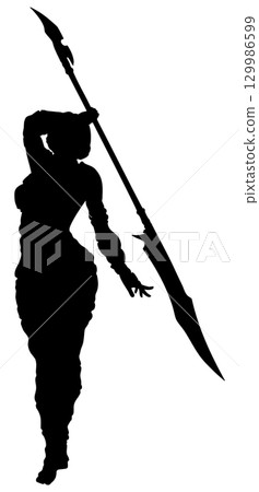Female Warrior Silhouette with Swords in Action Pose 129986599