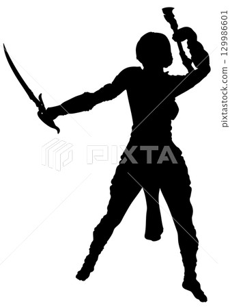 Female Warrior Silhouette with Swords in Action Pose 129986601