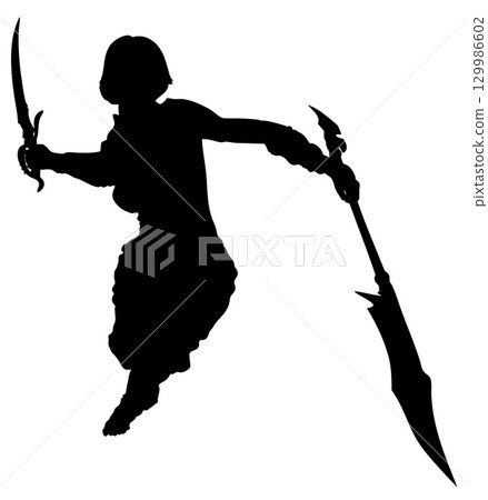 Female Warrior Silhouette with Swords in Action Pose 129986602