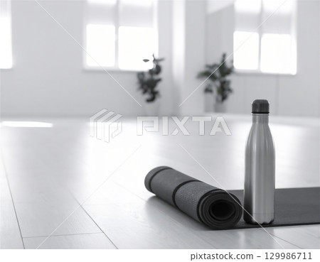 瑜珈墊和水瓶 129986711