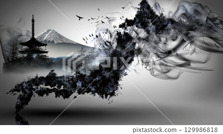 Ink-style map of Japan and buildings 129986818