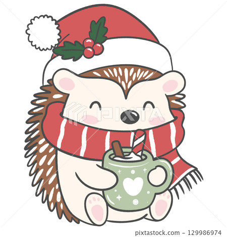 Hedgehog in scarf sipping hot cocoa, perfect for warm winter and Christmas designs. 129986974