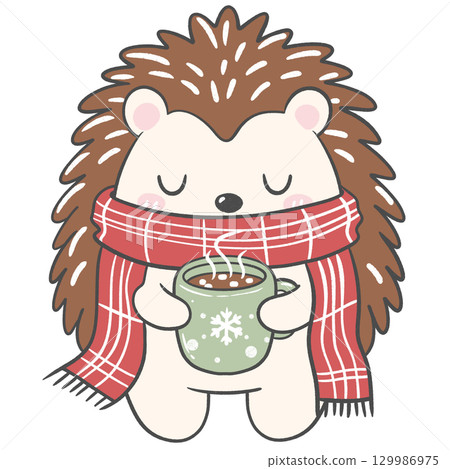 Hedgehog in scarf sipping hot cocoa, perfect for warm winter and Christmas designs. Hedgehog in scarf sipping hot cocoa, perfect for warm winter and Christmas designs. 129986975