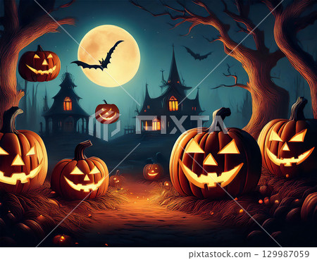 Halloween night and jack-o'-lanterns 129987059