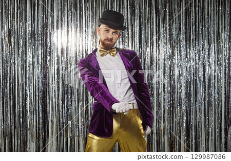 Happy Man Dancing At Party With Music 129987086