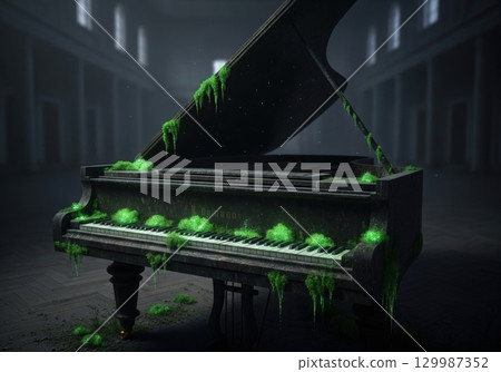 Abandoned grand piano covered in glowing green moss in a dark and empty concert hall 129987352