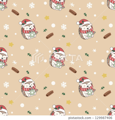Seamless pattern of a Christmas hedgehog in a red scarf holding hot cocoa with a warm smile, perfect for festive decor and cozy holiday projects. 129987406