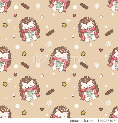 Seamless pattern of a Christmas hedgehog in a red scarf holding hot cocoa with a warm smile, perfect for festive decor and cozy holiday projects. 129987407