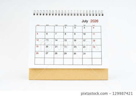 July 2026 desktop calendar isolated on white background, Planing or appointment concept. July 2026 desktop calendar isolated on white background, Planing or appointment concept. 129987421