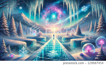 冰橋和閃閃發光的雪花引領我們走進奇幻的、超凡脫俗的冬季奇幻景觀 129987454