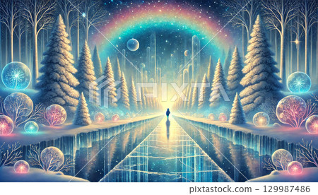 冬季森林的夢幻夜景，有一道由發光的魔法球組成的彩虹，還有一個人沿著結冰的小路行走 129987486