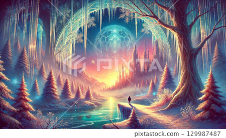 An otherworldly landscape with a giant ice arch, a figure standing in a moonlit winter forest, and a fantasy castle. 129987487