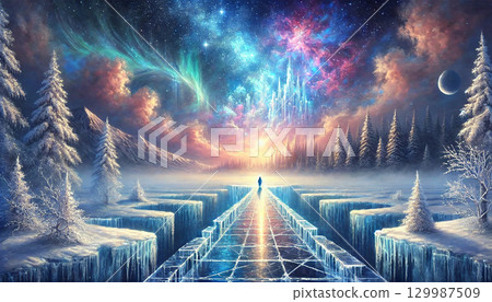 An otherworldly landscape with a person walking across an ice bridge and a fantastical palace floating in the sky illuminated by the aurora. 129987509