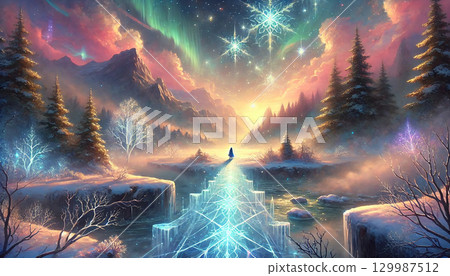 Fantasy landscape of aurora borealis, snowflakes dancing at dawn, ice bridge and fantastic winter forest 129987512