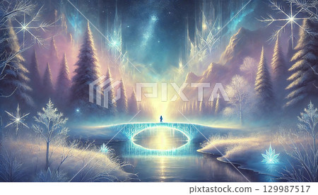 A fantasy landscape of a starry winter forest and a traveler crossing an ice bridge leading into a fantasy world 129987517