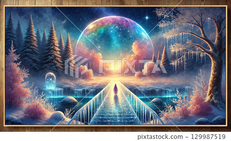 Fantasy landscape of a girl walking through a winter forest with a fantastic ice bridge and a rainbow-colored starry sky 129987519