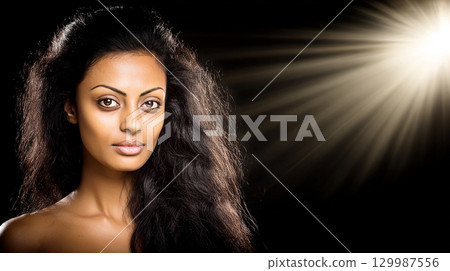 Radiant woman with voluminous hair illuminated by dramatic spotlight on dark background 129987556