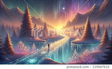 A fantastical fantasy landscape with a traveler walking across an ice bridge and a brilliant dawn in another world. 129987618