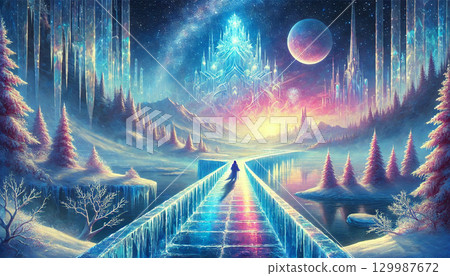 A night skyscape from another world, with people crossing an ice bridge, a fantastically shining ice palace, and planets. A night skyscape from another world, with people crossing an ice bridge, a fantastically shining ice palace, and planets. 129987672
