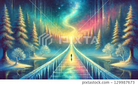 一個人走在冰橋上，一條閃耀的光路穿過奇幻的森林，通往天空，呈現出一片神秘的奇幻風景。 129987673