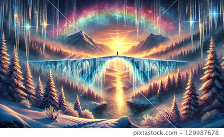 A fantastic winter mountain landscape with a standing figure and an ice bridge under a sky sparkling with the morning sun and a rainbow 129987678
