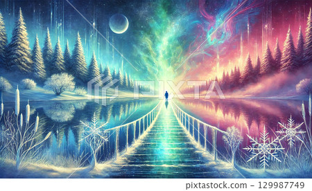神秘的冬季森林景觀，冰橋籠罩在夢幻般的光線和北極光中 129987749