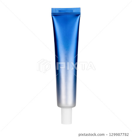 Blue tube of cream isolated on white background Blue tube of cream isolated on white background 129987782