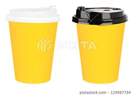 set of yellow paper cups for cafe with white and black lids isolated on white background set of yellow paper cups for cafe with white and black lids isolated on white background 129987784