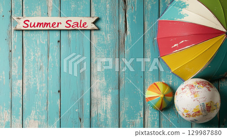 'Summer sale' retro theme with colorful beach accessories on rustic wooden background 129987880