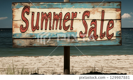 Retro summer sale sign on beach for seasonal promotion and marketing 129987881