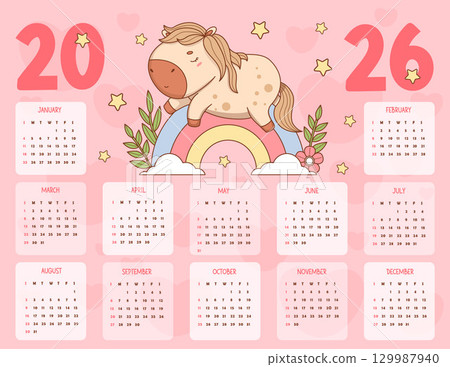 2026 annual calendar. Cute Sleeping Horse on Rainbow. Funny kawaii animal. Vector horizontal Yearly template in English. Week on Sunday. Symbol year to Eastern calendar. Planner for Kids. Not AI 2026 annual calendar. Cute Sleeping Horse on Rainbow. Funny kawaii animal. Vector horizontal Yearly template in English. Week on Sunday. Symbol year to Eastern calendar. Planner for Kids. Not AI 129987940