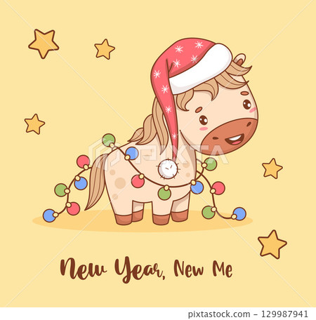 Cute Happy Christmas Horse in Santa hat with New Year Garland. Funny Festive kawaii animal. Symbol of year 2026 to Eastern calendar. Vector illustration. Holiday cool card. Not AI Cute Happy Christmas Horse in Santa hat with New Year Garland. Funny Festive kawaii animal. Symbol of year 2026 to Eastern calendar. Vector illustration. Holiday cool card. Not AI 129987941