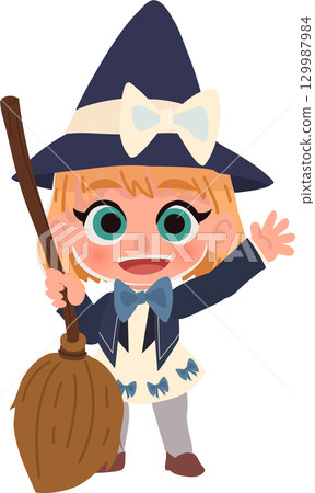 adorable child dressed as a witch holding a broom with a big smile. fantasy style. 129987984