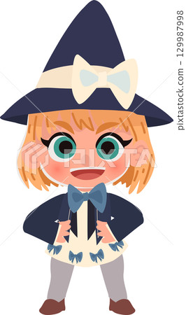 halloween witch costume kawaii cartoon character illustration child dressed in wizard outfit with big hat 129987998