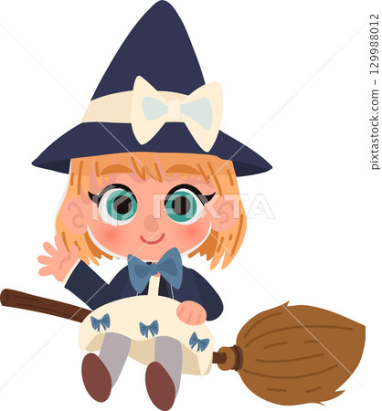 adorable witch cartoon child with big eyes waving while riding a magic broom halloween character 129988012