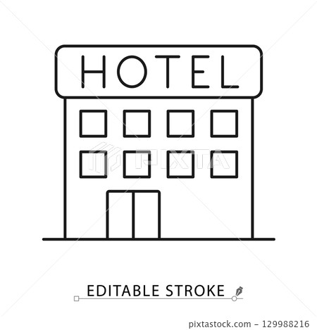 Hotel line icon with editable stroke. Vector outline of building with windows and entrance. Minimalist symbol for accommodation, travel, tourism, hospitality, lodging, resort and service design. 129988216