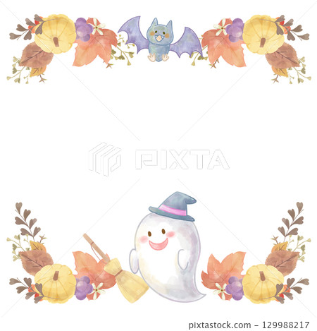 Watercolor Halloween frame with witch hat ghost and bat / cute Halloween character copy space 129988217