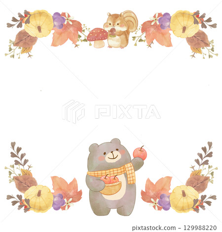 水彩秋季框架與南瓜、 秋葉和可愛的動物 (熊和松鼠) 熊與蘋果蘑菇複製 129988220